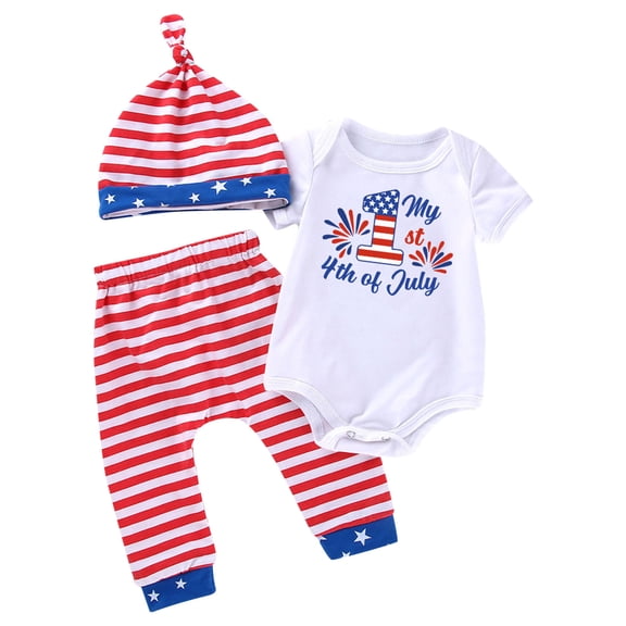 Tennyeal Infant 4th of July Outfit Set for Boys Boys Independence Day Short Sleeve Letter Prints Romper Bodysuit Striped Pants Hat 3PCS Outfits Clothes Set for 6-9 Months,Red