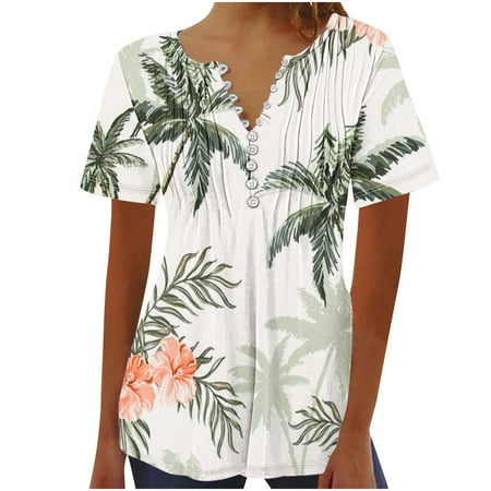 Yxnmud Women s V-Neck Casual Short Sleeve Printed Buttoned Basic Ruched Corset Tunic Tops Pleated T-shirts Blouses