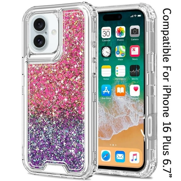 For Apple iPhone 16 Plus (6.7") Epoxy Bling Glitter Sparkly 3in1 Shockproof Transparent Hybrid Shockproof Full Body PC Bumper Cover ,Xpm Phone Case [ Hot Pink   Purple ]