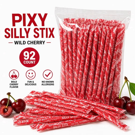 Michele's Pantry Pixy Silly Stix Candy Wild Cherry – 92 Count | Sweet & Sour Sugar Straws | Party Candy . No Known Allergens