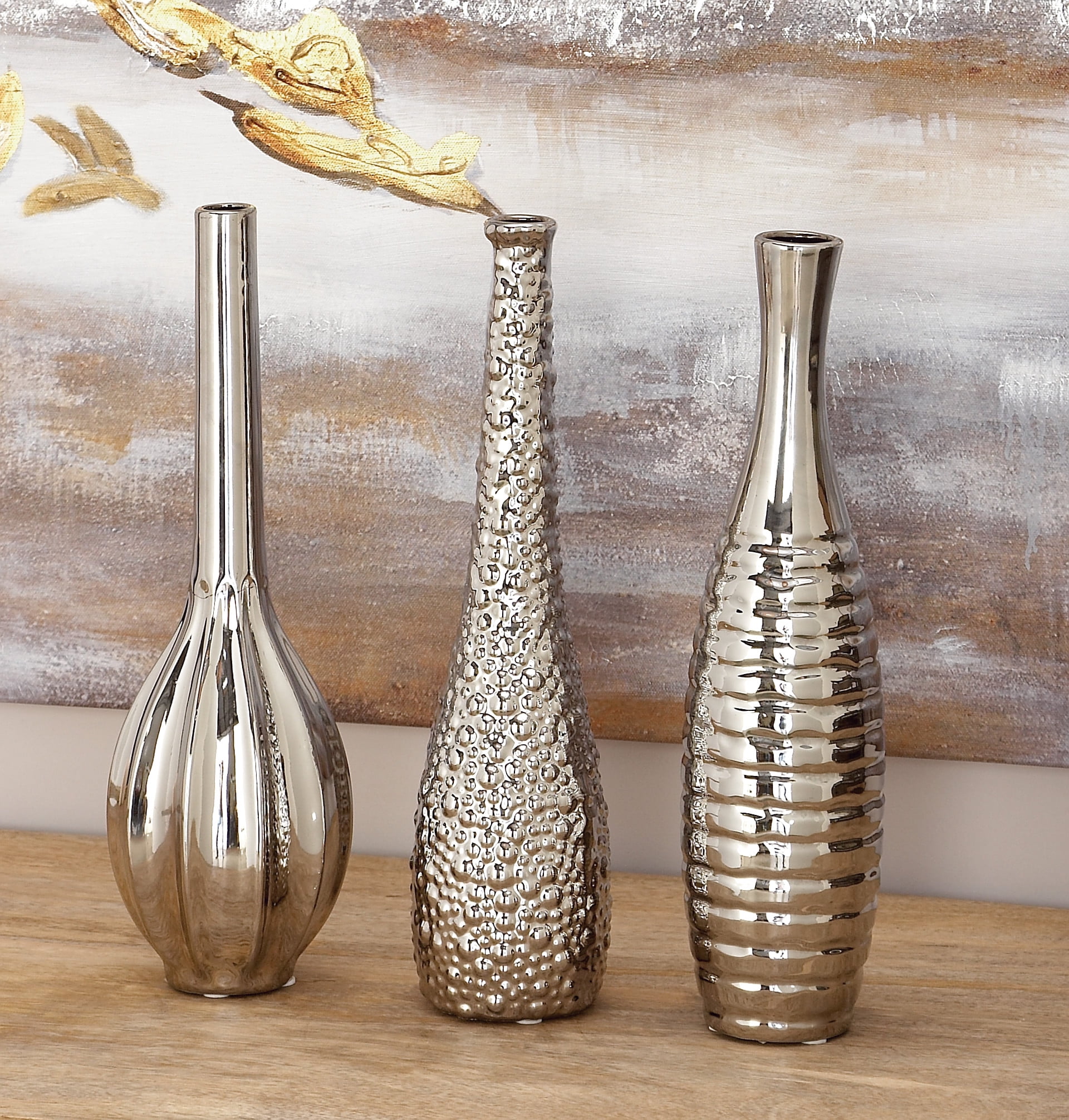 DecMode Set of Three 13 Inch Decorative Silver Ceramic Vases