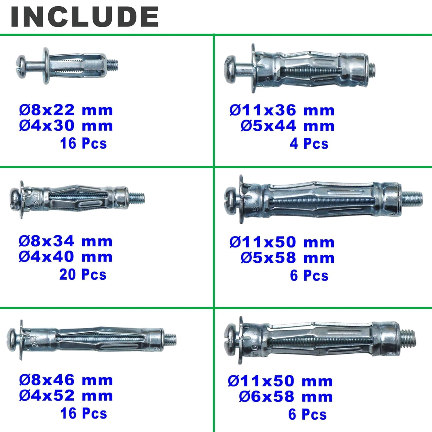 . . Heavy galvanized steel hollow drive wall anchor screw set for drywall, various sizes set, 68 pieces