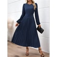 thumbnail image 6 of Women'S Midi Dress Long Puff Sleeve Wrap Crew Neck Flowy Ruffle Pleated Casual Fall Dresses Dark Blue L, 6 of 9