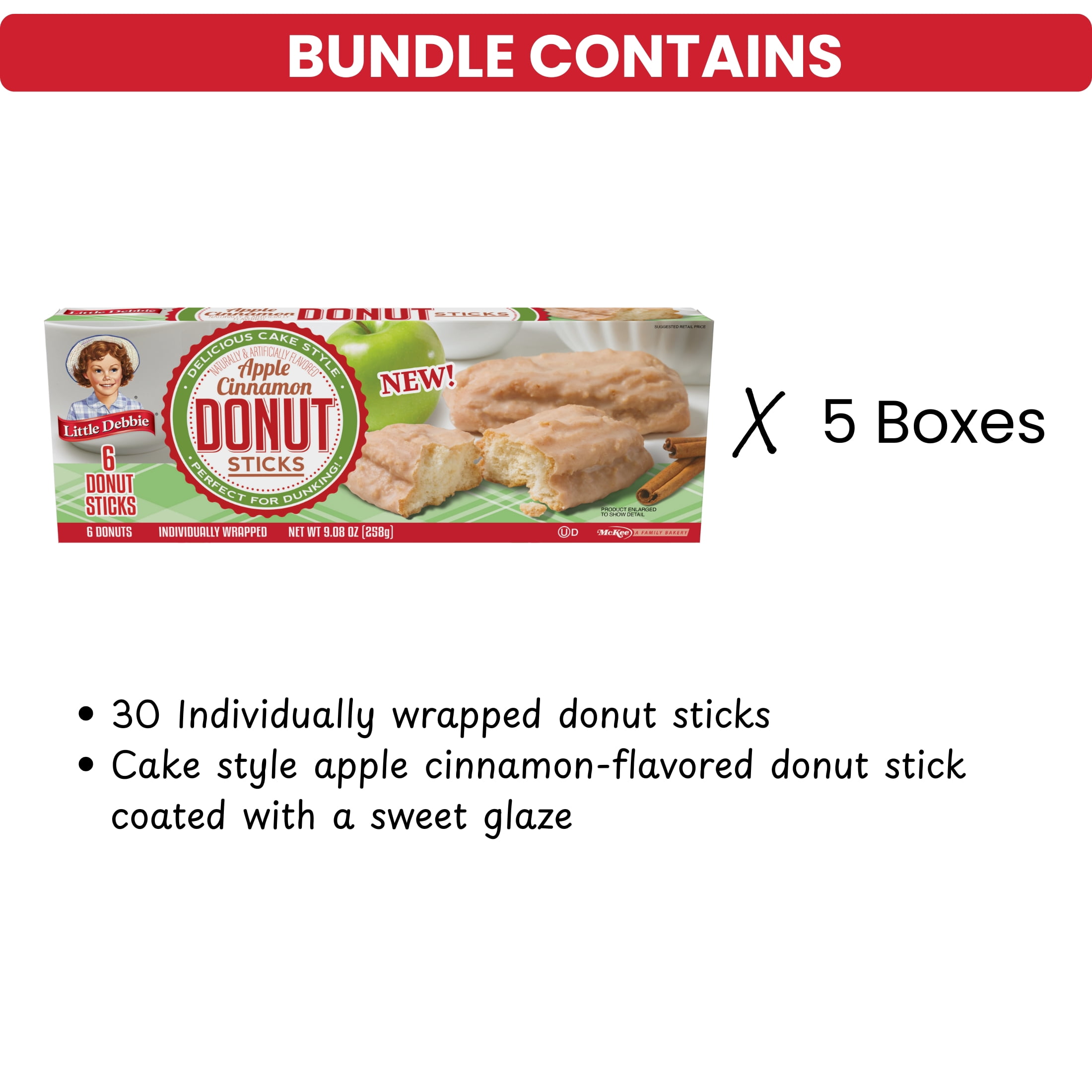 Little Debbie Apple Cinnamon Donut Sticks, 30 Apple Cinnamon-Flavored Donut Sticks (5 Boxes), 45.4 oz