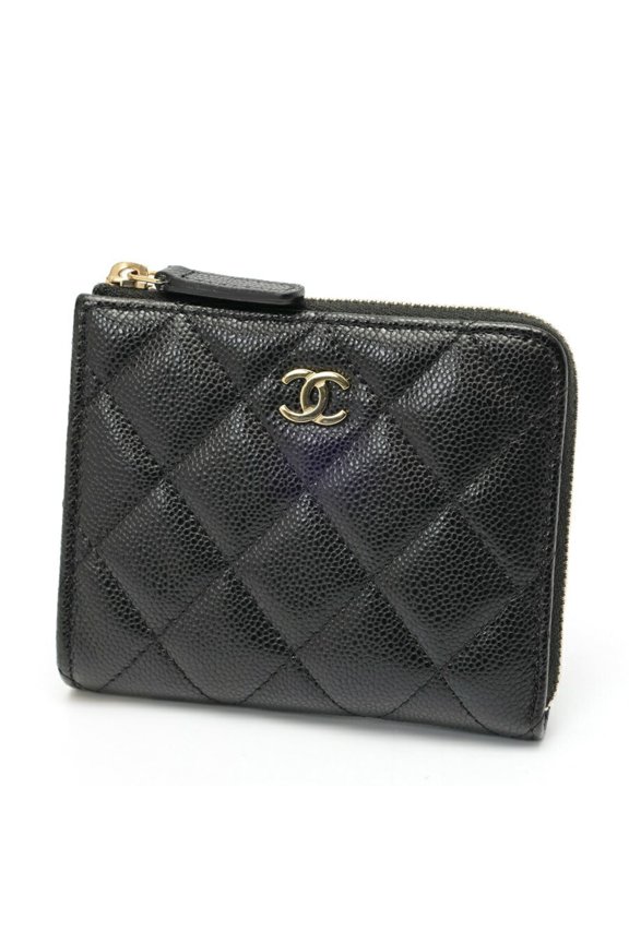 Pre-Owned Chanel L-shaped Fragment Case Compact Wallet AP3999 Caviar Leather Black