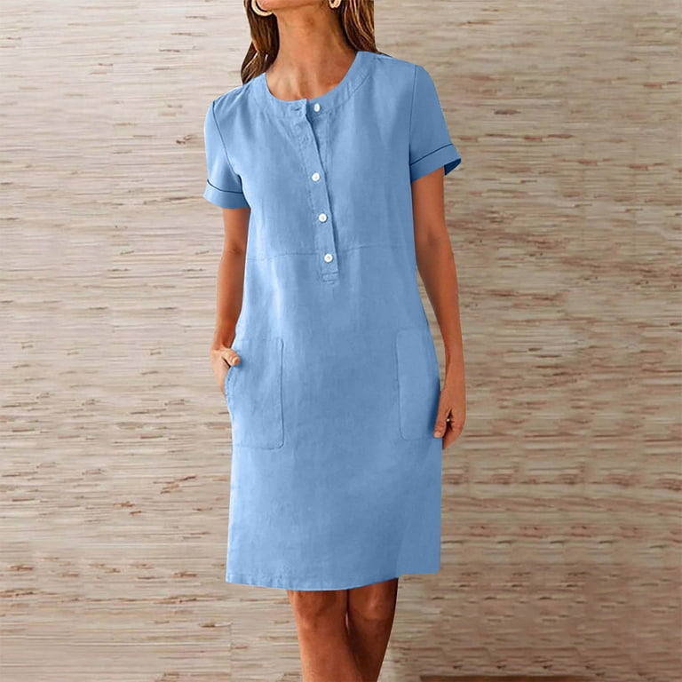 Ecqkame Cotton Linen Pencil Dress for Women Short Sleeve Button Crewneck Work Dresses Solid Knee Length Midi Dress with Pocket 03-Blue L, Women's,