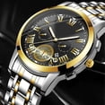 thumbnail image 5 of Men Quartz Analog Watch Accurate Timekeeping Stainless Steel Chronograph Business Dress Wristwatch Gold Shell Black Face (7.48 in / 19.0 cm), 5 of 9