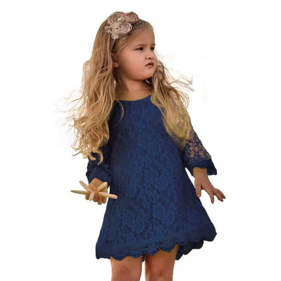 Flower Girl Dress, Lace Dress 3/4 Sleeve Dress (4T, Blue)