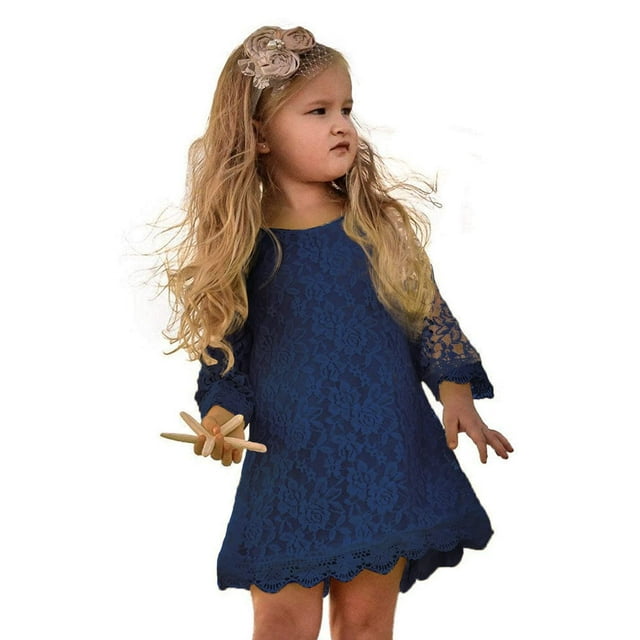 Flower Girl Robe, Robe en Dentelle Manches 3/4 (4T, Bleu)