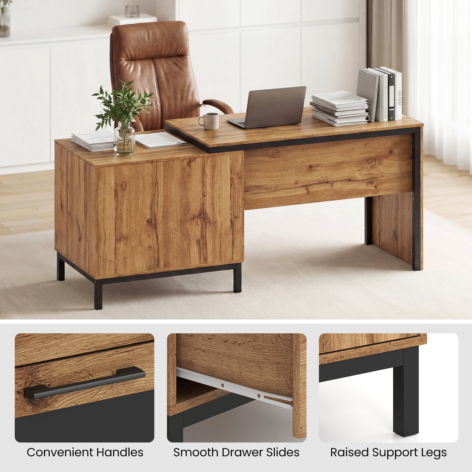 Costway 71” Executive Desk with Open Compartments, Storage Drawers & Single-Door Cabinet Natural