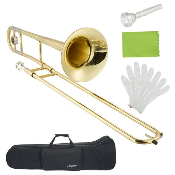 Bb Tenor Slide Trombone, B Flat Brass Plated Trombone Instrument for Students with Tuner, Music Book, Hard Case, Mouthpiece, Cleaning Kit & Gloves (Gold)