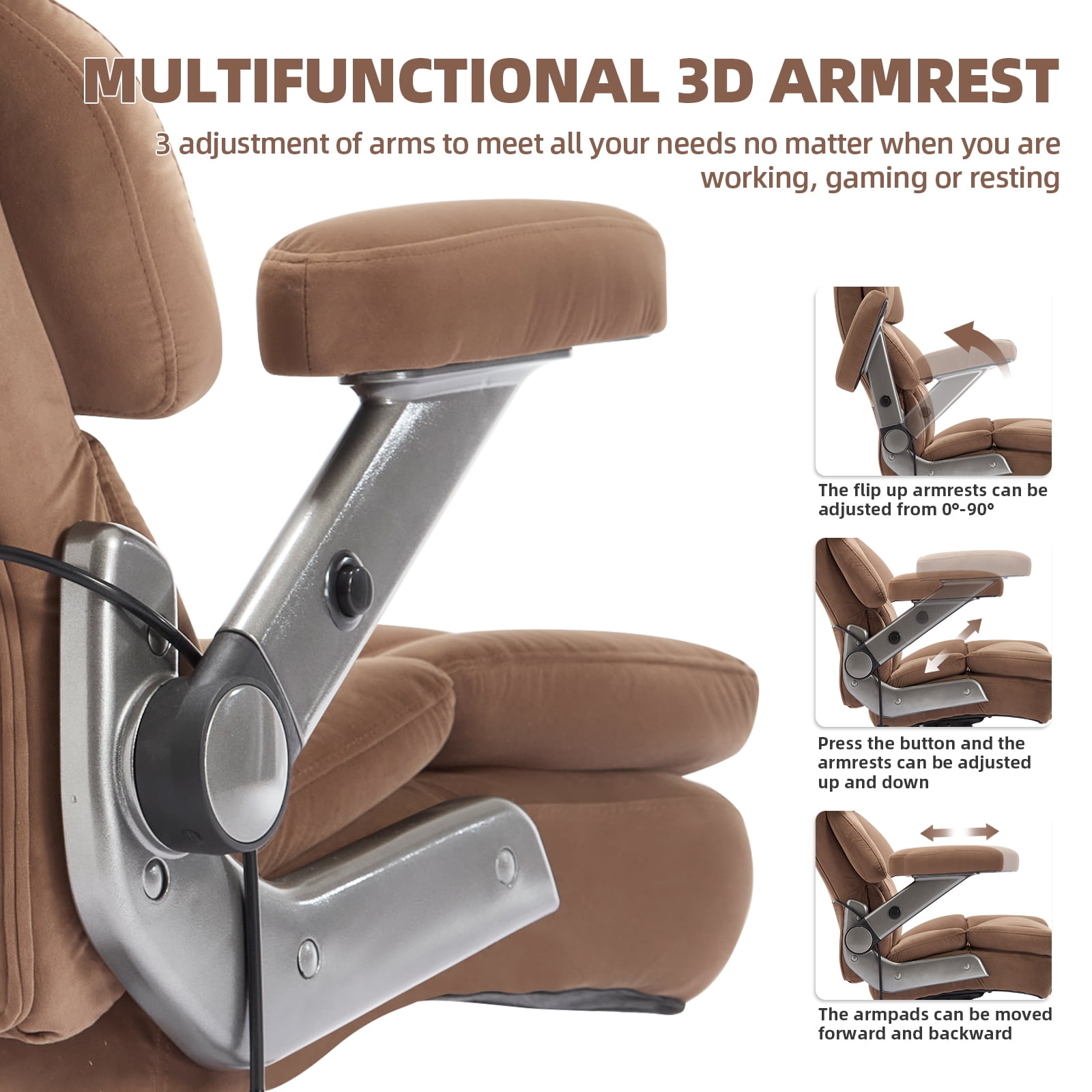 Big and Tall 500lbs Office Chair, Fabric Heavy Duty Executive Chair with 3D Flip up Armrests Adjustable Lumbar Support Large Rubber Wheels, Extra Wide High Back Computer Desk Chair, Brown
