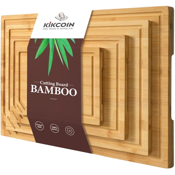 Kikcoin Cutting Board, 4 Pcs Extra Large Bamboo Cutting Boards for Kitchen, Wood Serving Tray with Juice Groove