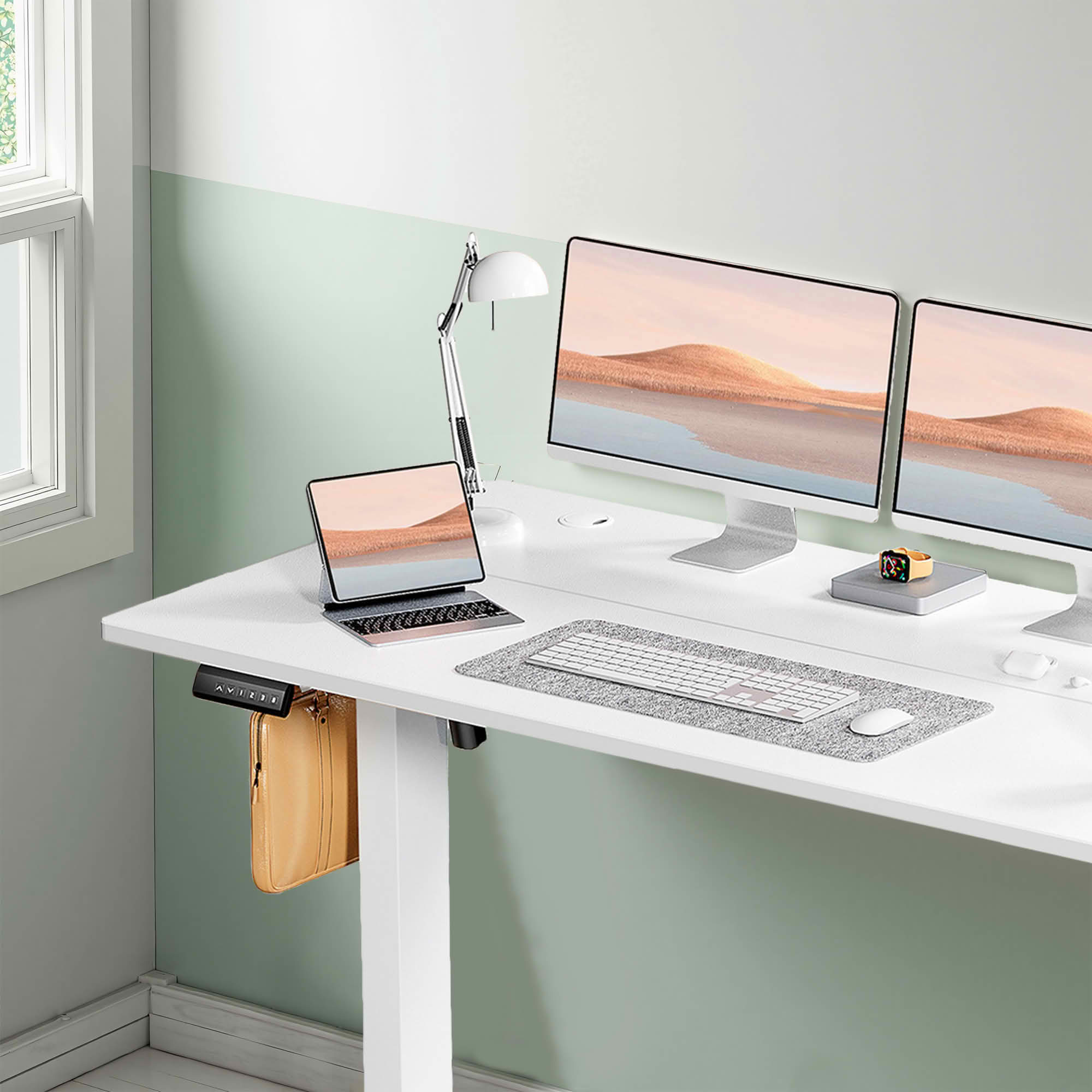 MAYEERTY 55x24 Ergonomic Height Adjustable Desk, T-Shaped Metal Bracket, Computer Workstation, White