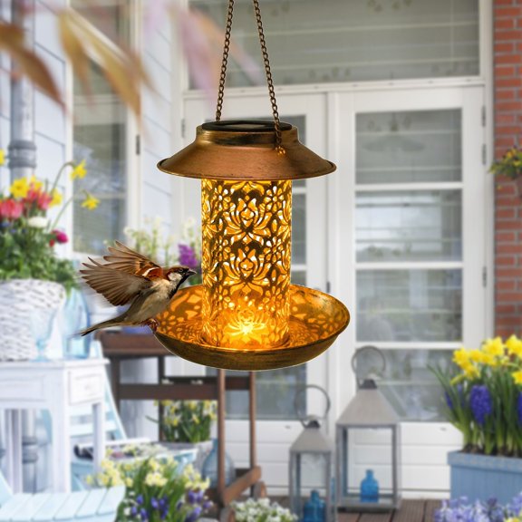 LACKUST Bird Feeders Outdoor Clearance,Solar-Powered Hanging Metal Bird Feeder with LED Light - Outdoor Garden Decor and Bird Attraction,Golden