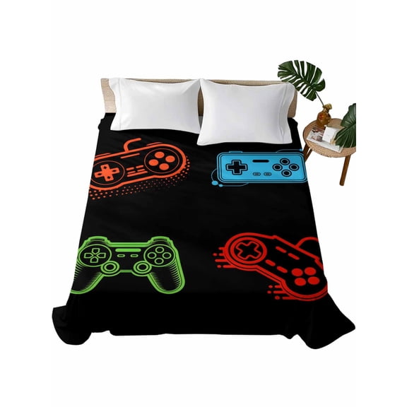 Twin XL Flat Sheet 66"x102", Game Controller Soft Lightweight Bedding Flat Sheets Only, Modern Art Gaming Handheld Black Brushed Microfiber Top Bed Sheet, Breathable StainResistant Bedsheets