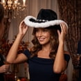 thumbnail image 6 of Furry Fluffy Trim Halloween Western Cowboy Hat with Decorative Band, Wide Brim Fashion Headwear, Stylish Accessory for Halloween Parties, Concert, Festival Celebrations and Trendy Outfit Black, 6 of 10