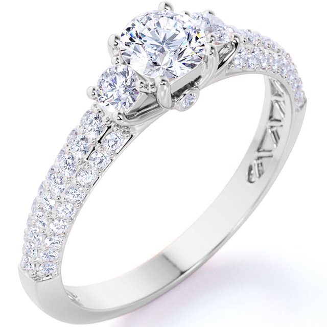 JeenMata Anillo de Compromiso de Moissanita de Corte Redondo de 1,75 Quilates - Conjunto Nupcial - Anillo de 3 Piedras - Anillo de Trilogía - Anillo de Promesa - Oro Blanco de 18 K sobre Plata