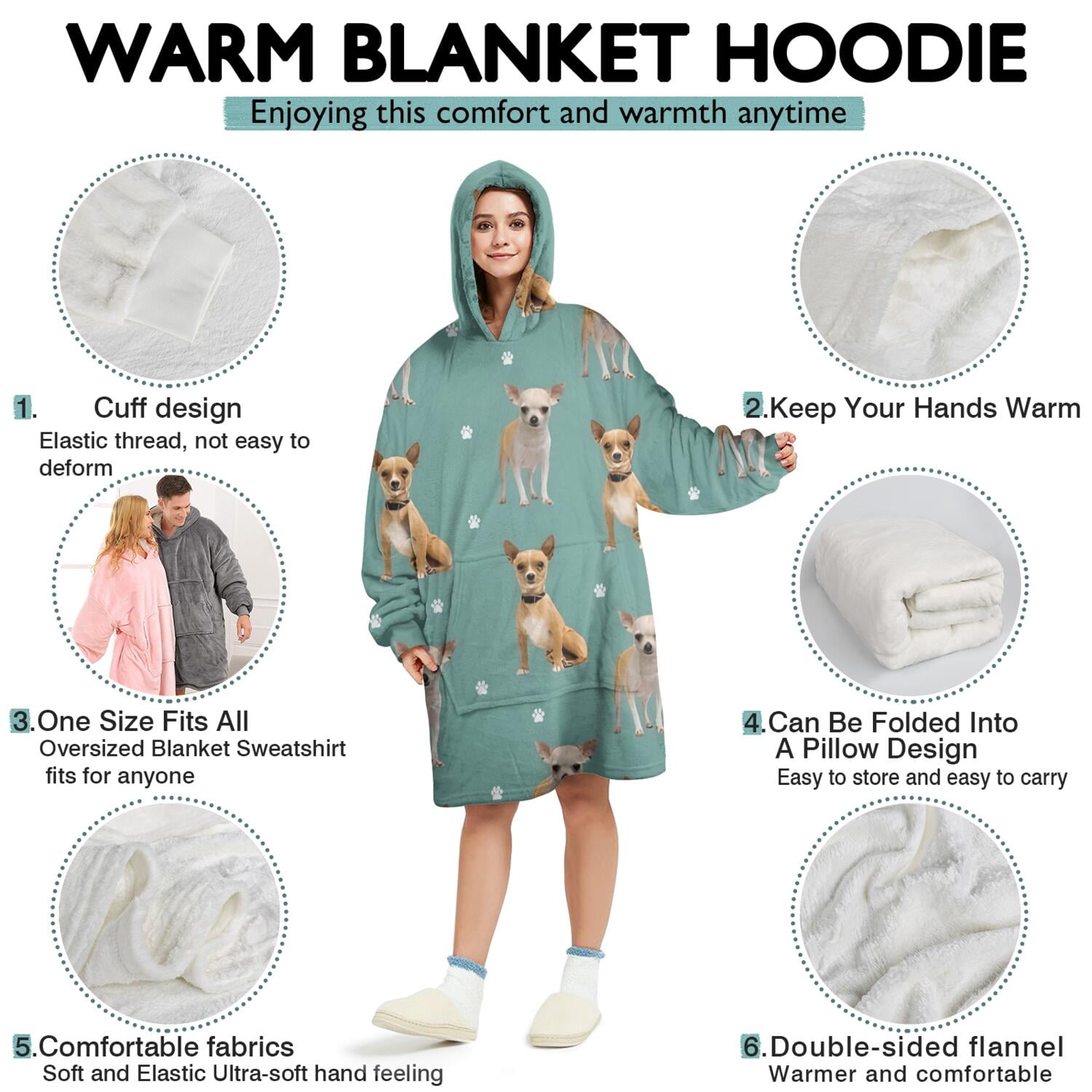 Chihuahua and Footprints Wearable Oversized Blanket,Wearable Blanket Hoodie for Adults,Cozy Hooded Blankets with Super Pockets,Super Warm Fuzzy Pullover for Women & Men