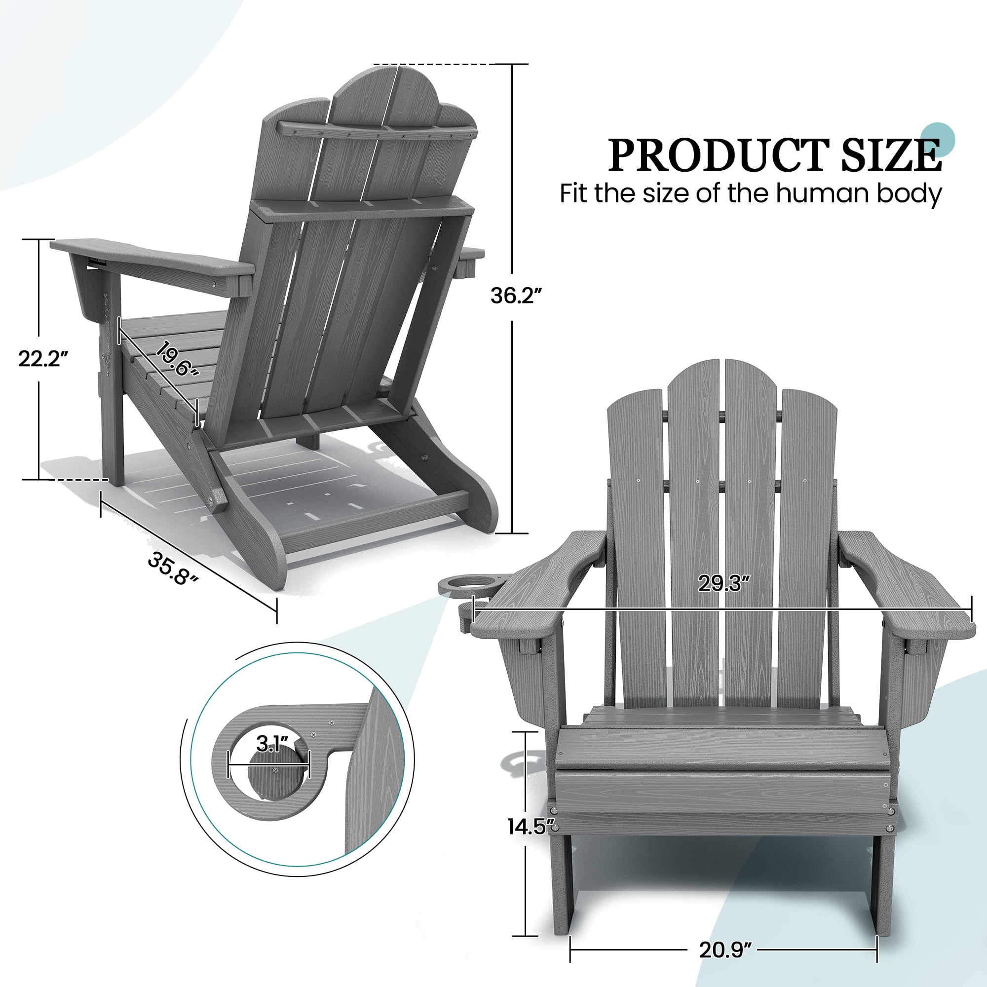 KINGYES Folding Adjustable Adirondack Chair, All Weather Use Reclining Adirondack Chair, HDPE Adirondack Outdoor Chair - Grey