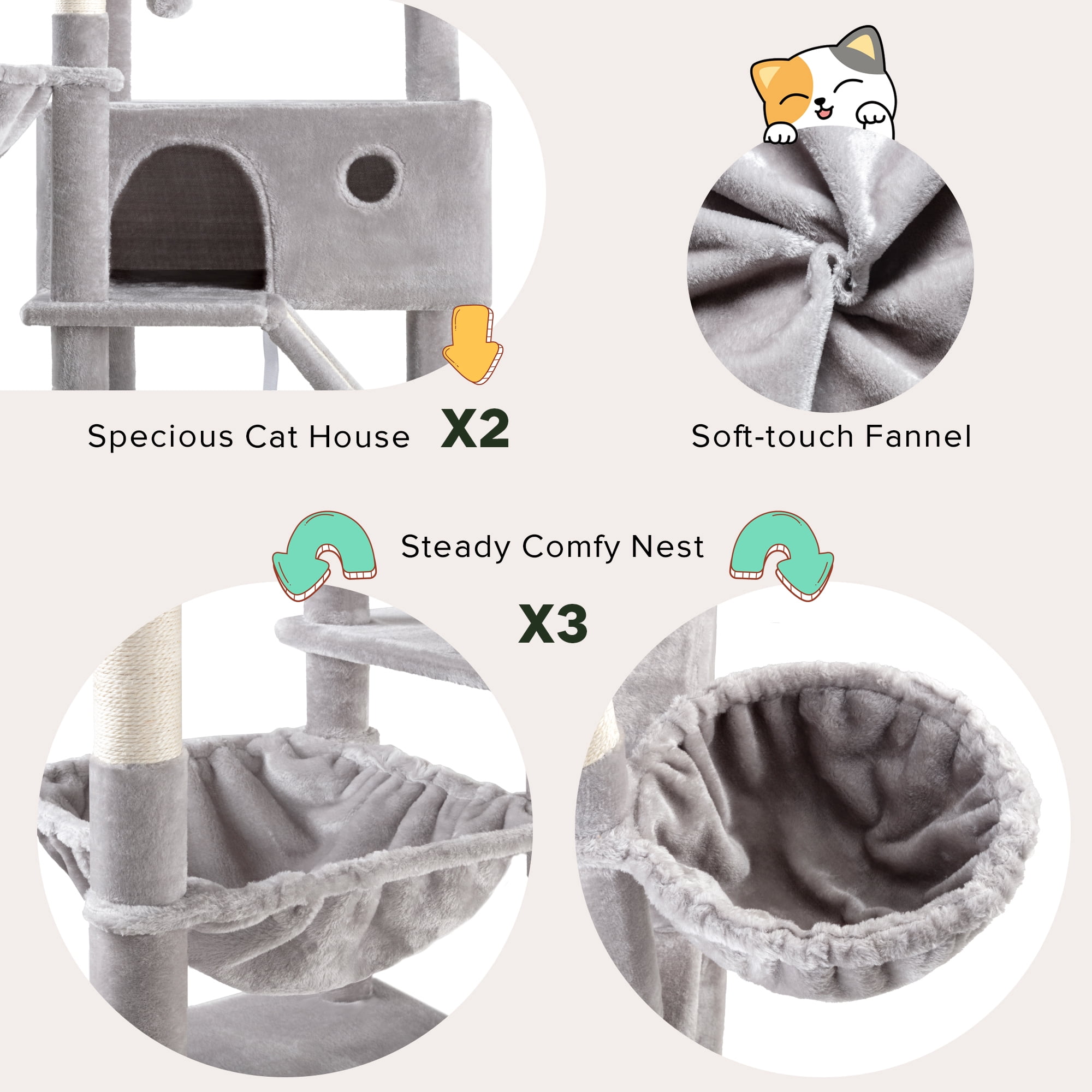 Einfach 81" Multi-Level Tall Cat Tree Tower, Larger Cat Condo with Hammock, Cozy Pussycat Perches, Sisal Scratching Posts, Grey