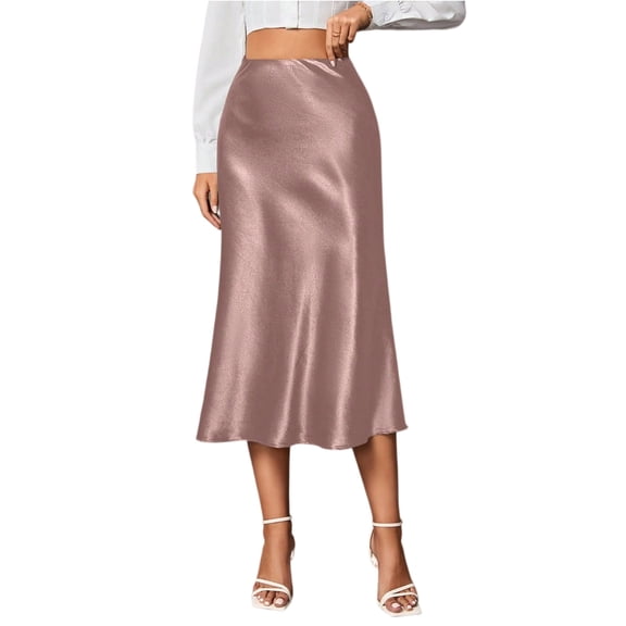 Skirts For Women Midi Length Elegant Satin Skirt High Waist Silky Fishtail Skirt Glossy Fake Silk Mid-Calf Skirt For Commute Party Outings Pink XL