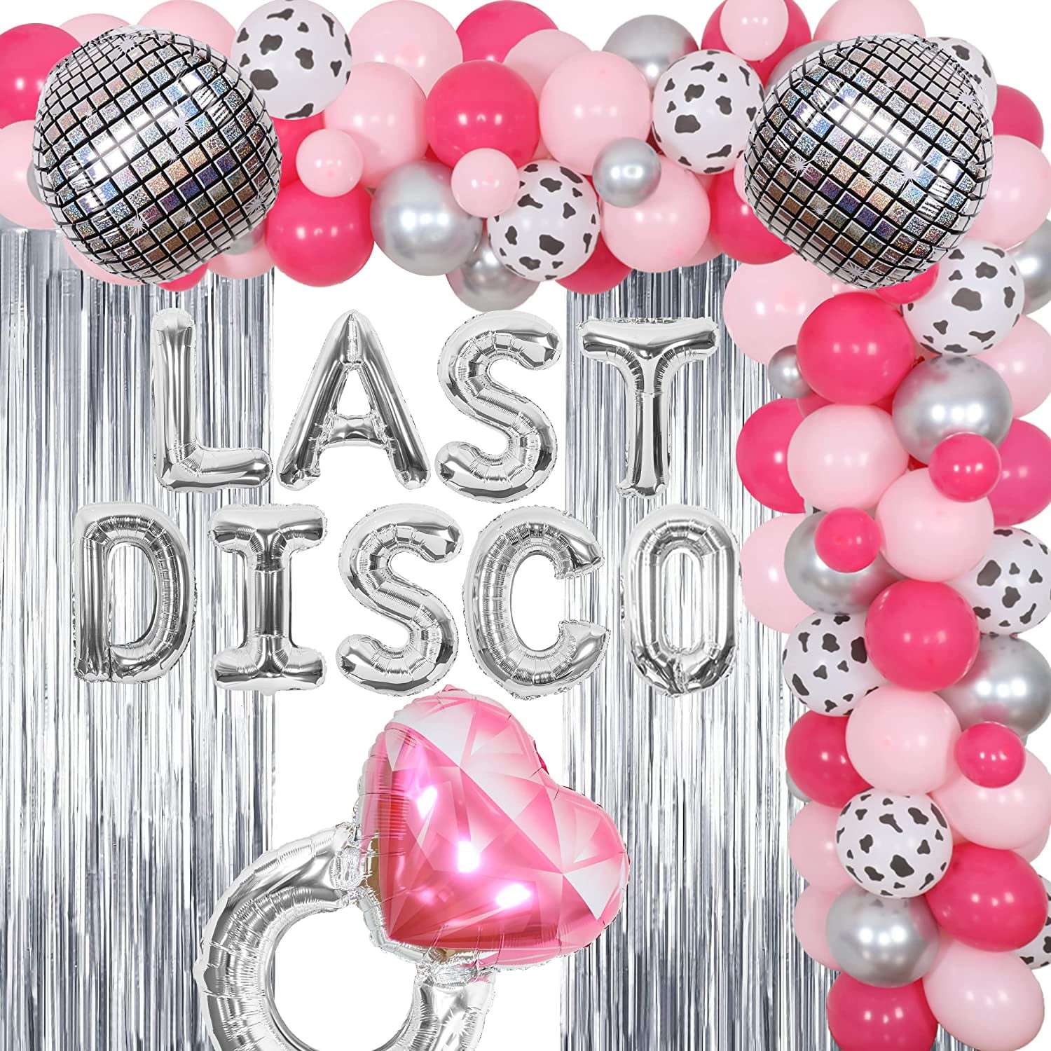 LAST DISCO Bachelorette Party Balloon Garland Arch Kit Silver and Pink Tinsel and Disco Ball