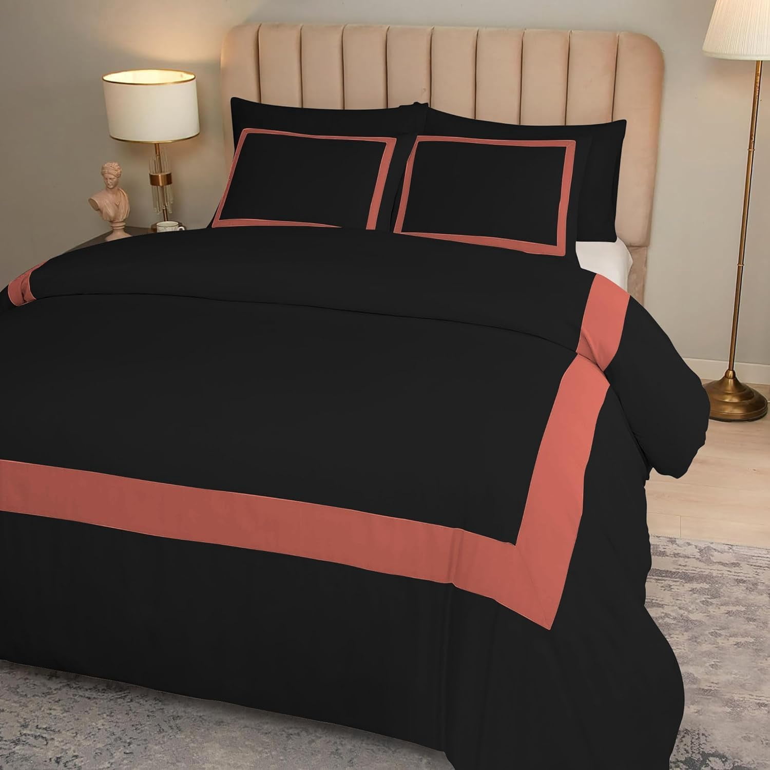 DNG Creations 1 Piece Full Black And Brick Red Border Line Pattern Duvet Cover - 100% Egyptian Cotton, 800 Thread Count ( California King )