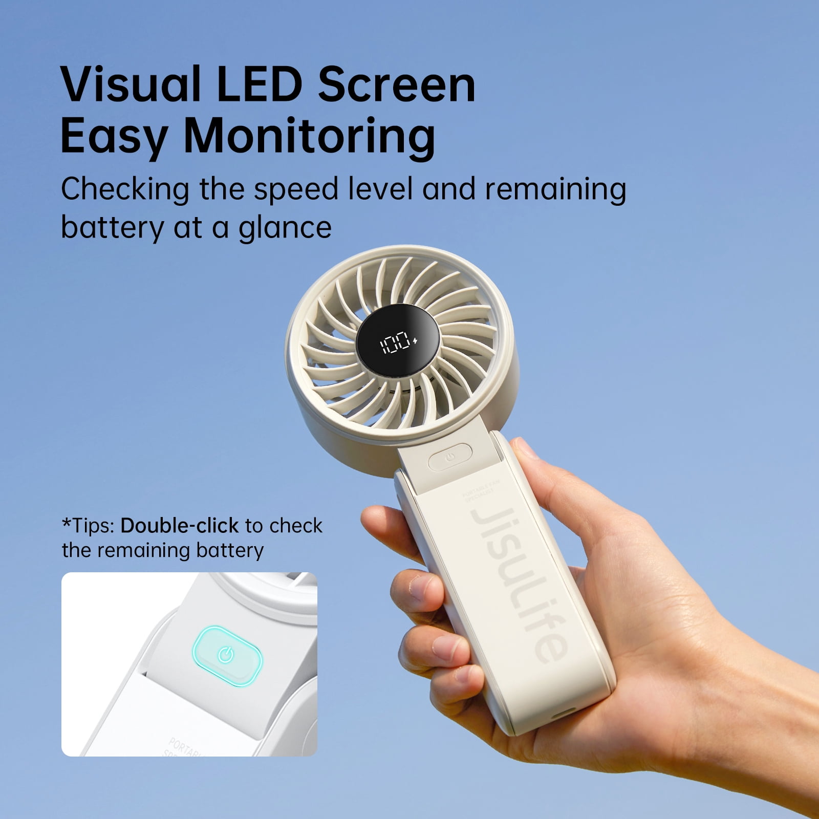 JISULIFE Portable Fan 3.3 In, 3600mAh Mini Desk Fan 13H Max Cooling Time, 5-Speed LED Display for summer/travel-Grey