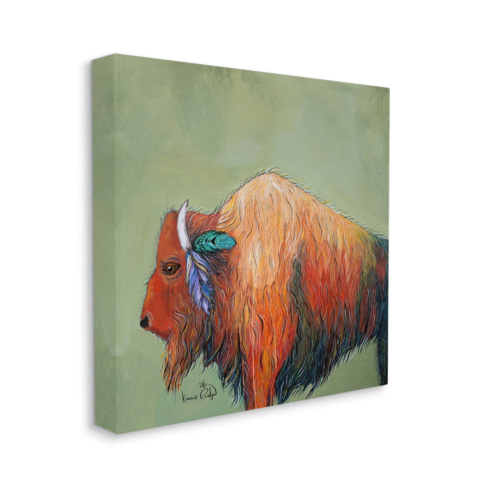 Stupell Industries Vivid Bison Hanging Feathers Horn Abstract Hair Painting Gallery Wrapped Canvas Print Wall Art, Design by Karrie Evenson