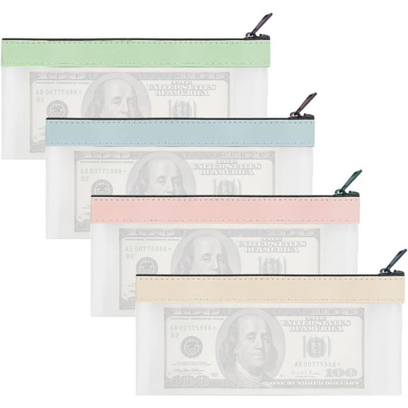 Clear Cash Envelopes,Happon 8 Pieces Money Bags with Zipper,Money Pouch,7.6 x 3.7 inch Bank Deposit Bags, Cash Bag,4 Colors Multi-Purpose Check Wallet