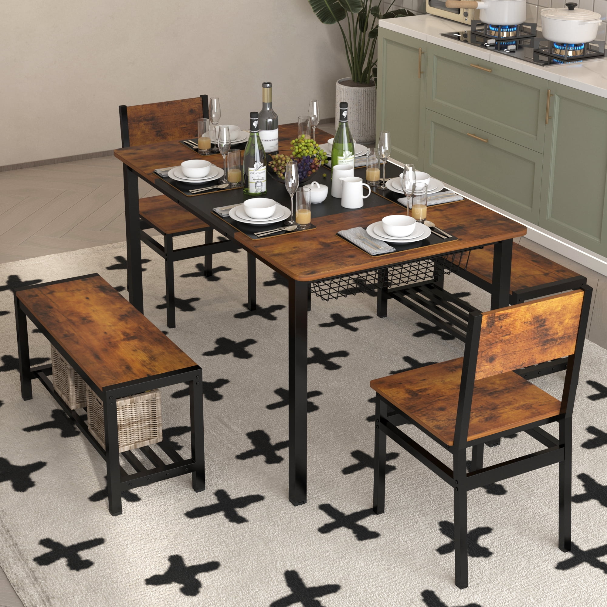NAIYUFA Dining 5 Pieces Table Set,One Large Table ,2 chairs and 2 Benches for 4-6 people,Wood Brown Sets with Storage Rack