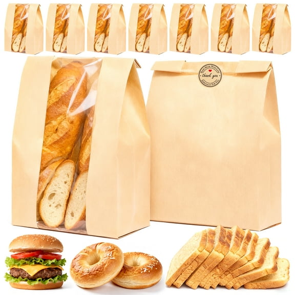 65 PACK Large Paper Bread Bags, Paper Bakery Bags Kraft Paper Bread Loaf Bags with Transparent Window Including 72PCS Sealing Sticker for Homemade Bread & Baked Food Packaging Storage,13.78x8.27x3.54