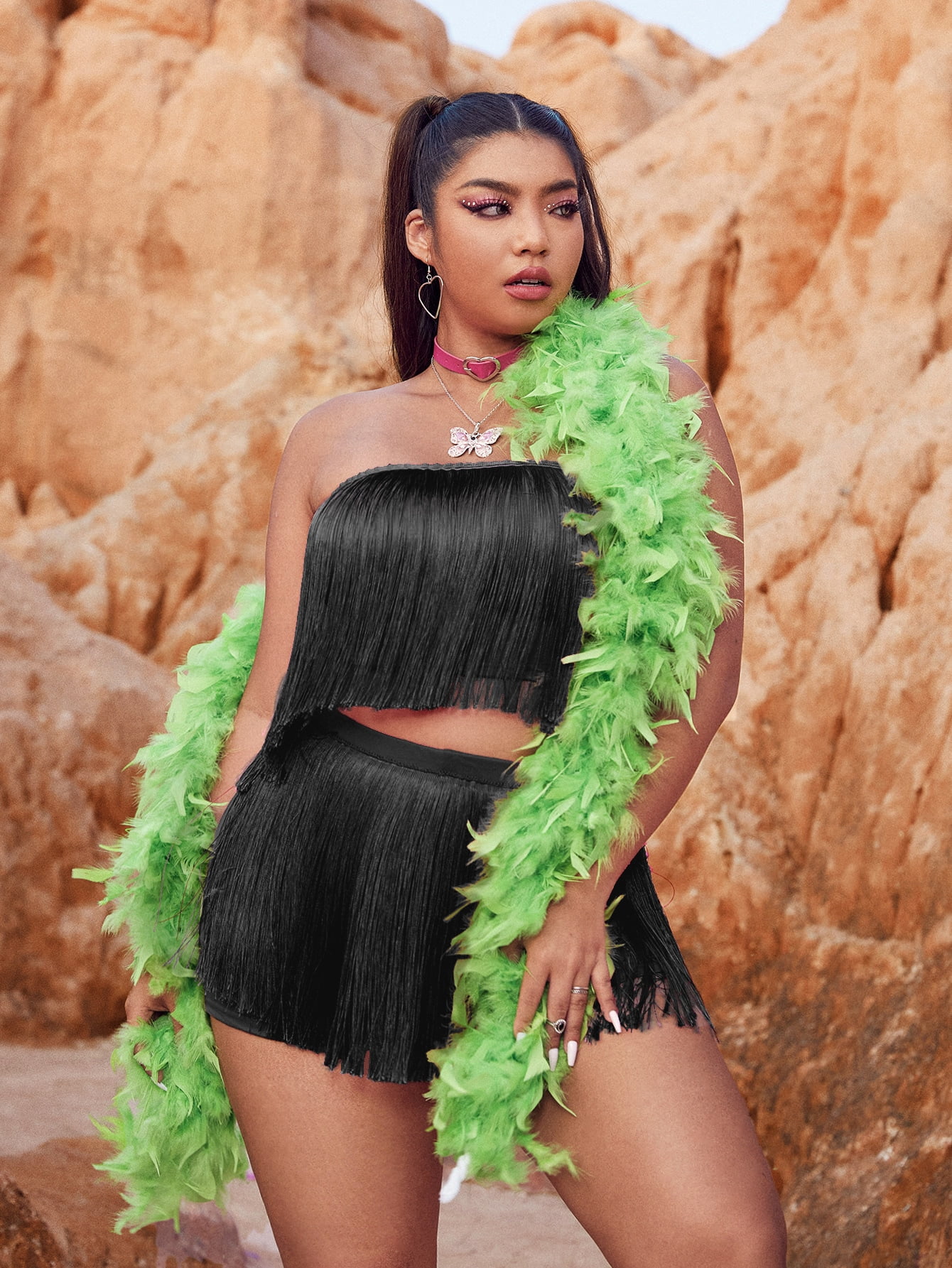 Solid Fringe Tube Top Shorts S220403X 