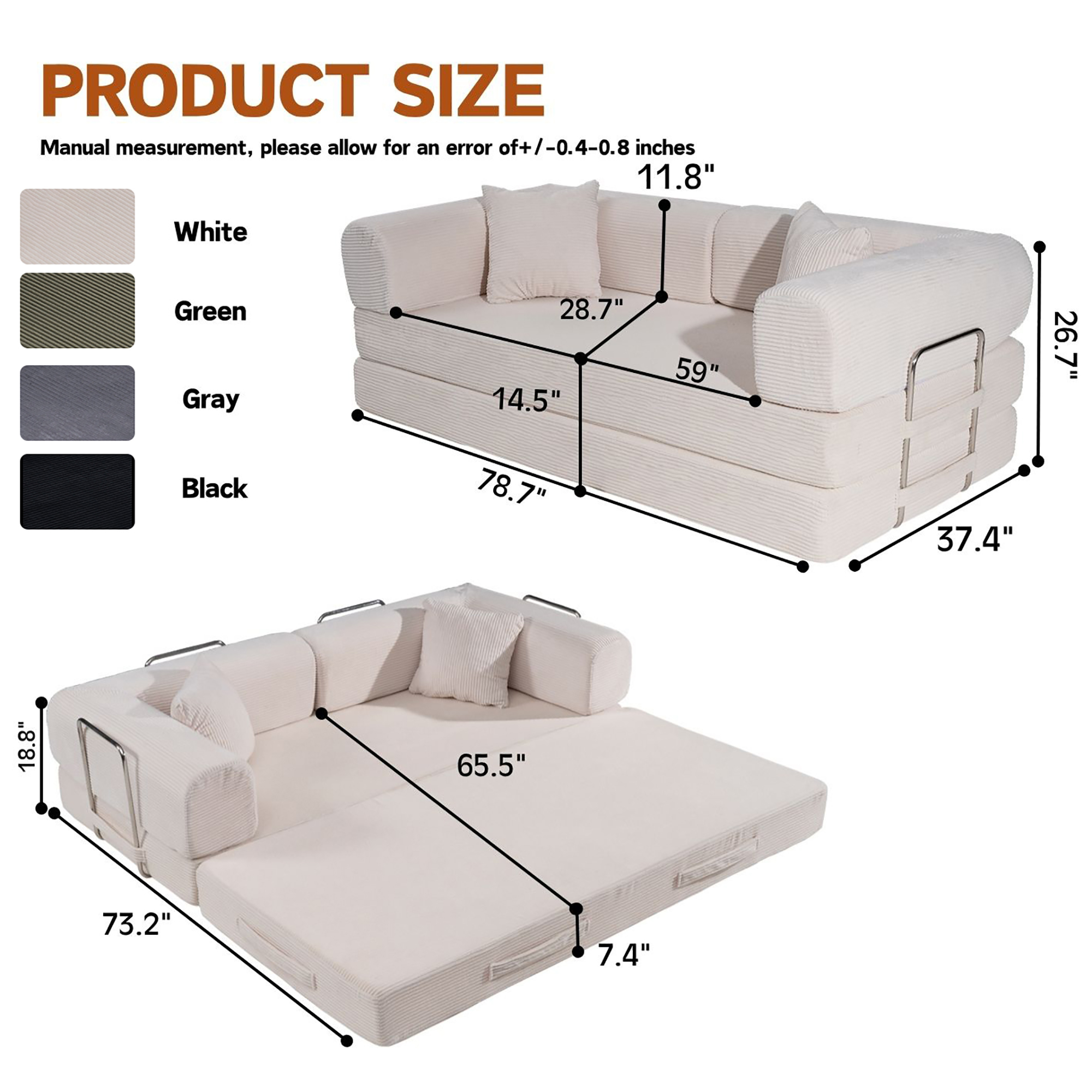 HOQBN Convertible Sofa Bed, Corduroy Fold Out Futon Sleeper Mattress with Pillows, Boneless Folding Floor Couch for Living Room Bedroom Beige