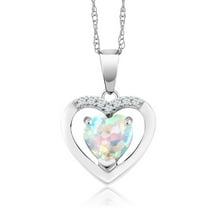 Gem Stone King 10K White Gold White Opal and White Diamond Pendant Necklace for Women (0.80 Cttw, Gemstone October Birthstone, Heart Shape 6MM, with 18 inch Chain)
