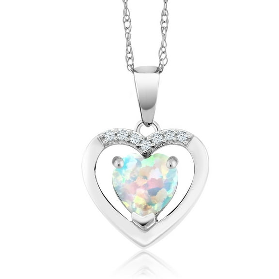 Gem Stone King 10K White Gold White Opal and White Diamond Pendant Necklace for Women (0.80 Cttw, Gemstone October Birthstone, Heart Shape 6MM, with 18 inch Chain)