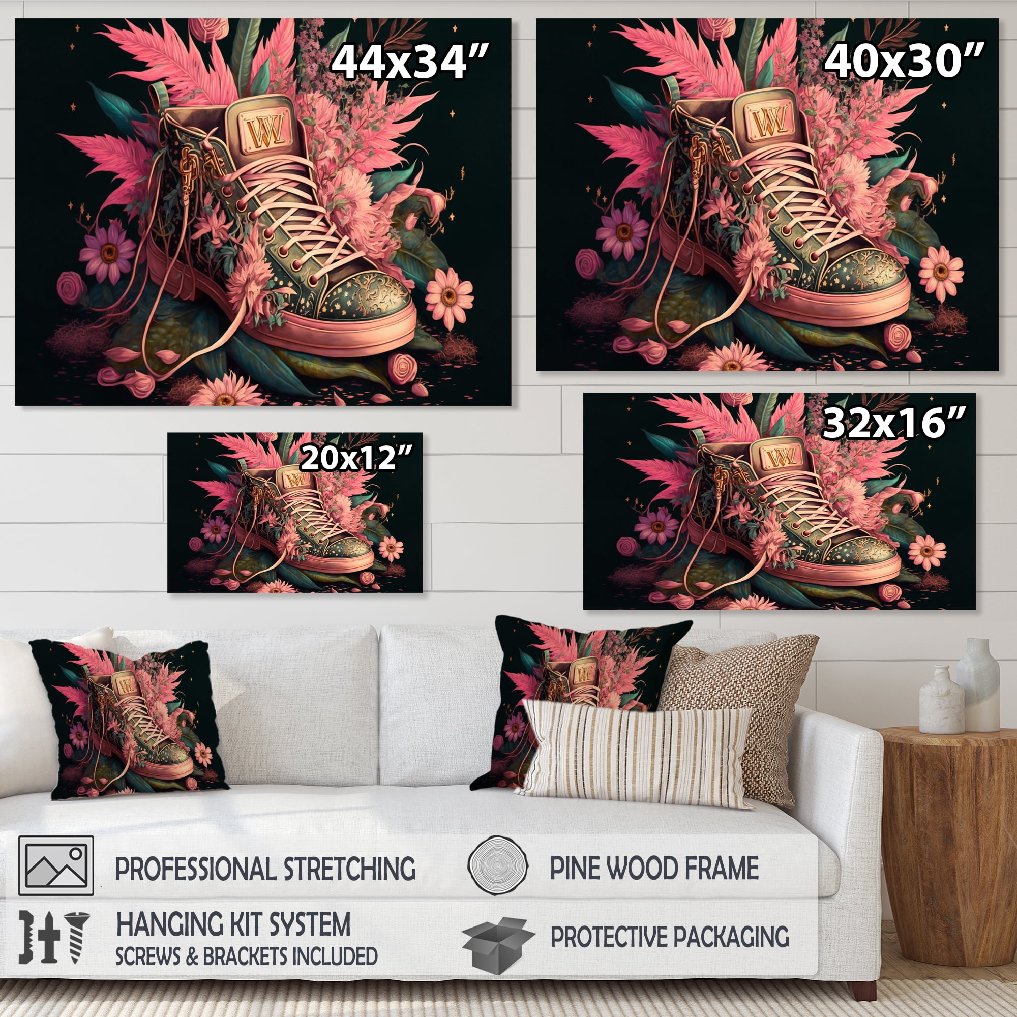 Designart Floral Pink Sneakers Art II Canvas Wall Art