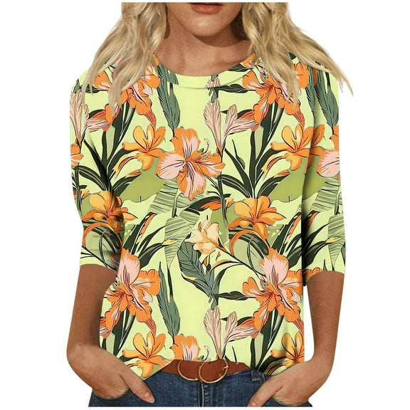 Ruimatai Women's Casual Printed T-Shirt 3/4 Sleeve Round Neck Blouse Loose Fit Comfortable Fashion Top for Home Daily Wear