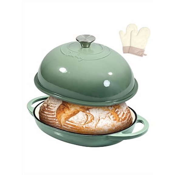 Davivy 6QT Dutch Oven with Silicone Oven Mitts, Enameled Cast Iron Bread Oven for Sourdough, Bread Baking Pan with Sealing Lid & Dual Handles, Sea Salt Green