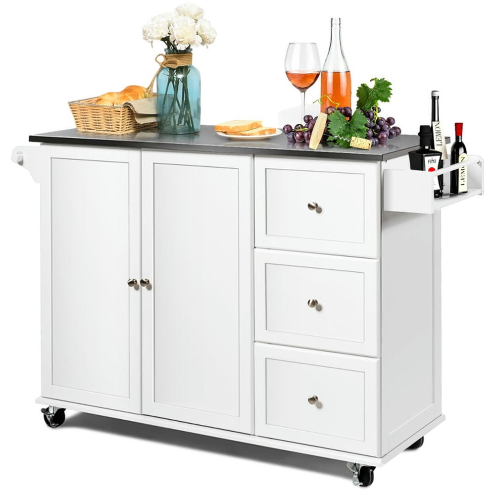 Finihen Rolling Storage Cabinet Cart, Kitchen Island Cart, Kitchen Island 2-Door Storage Cabinet with Drawers and Stainless Steel Top, for Kitchen, Dining Room, White Finihen Rolling Storage Cabinet Cart, Kitchen Island Cart, Kitchen Island 2-Door Storage Cabinet with Drawers and Stainless Steel Top, for Kitchen, Dining Room, White