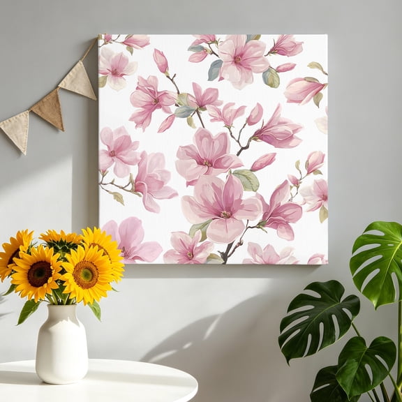 Pink Magnolia Flower Canvas Wall Art for Living Room, Watercolor Pink Floral Leaf Wall Decor Framed Artwork Pictures Ready to Hang for Bedroom Office Home Decor 8x8 Inch