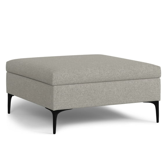 Simpli Home Rebecca 36 inch Wide Contemporary Square Mid Century Coffee Table Storage Ottoman with Lift Up Lid in Cloud Grey Polyester Linen
