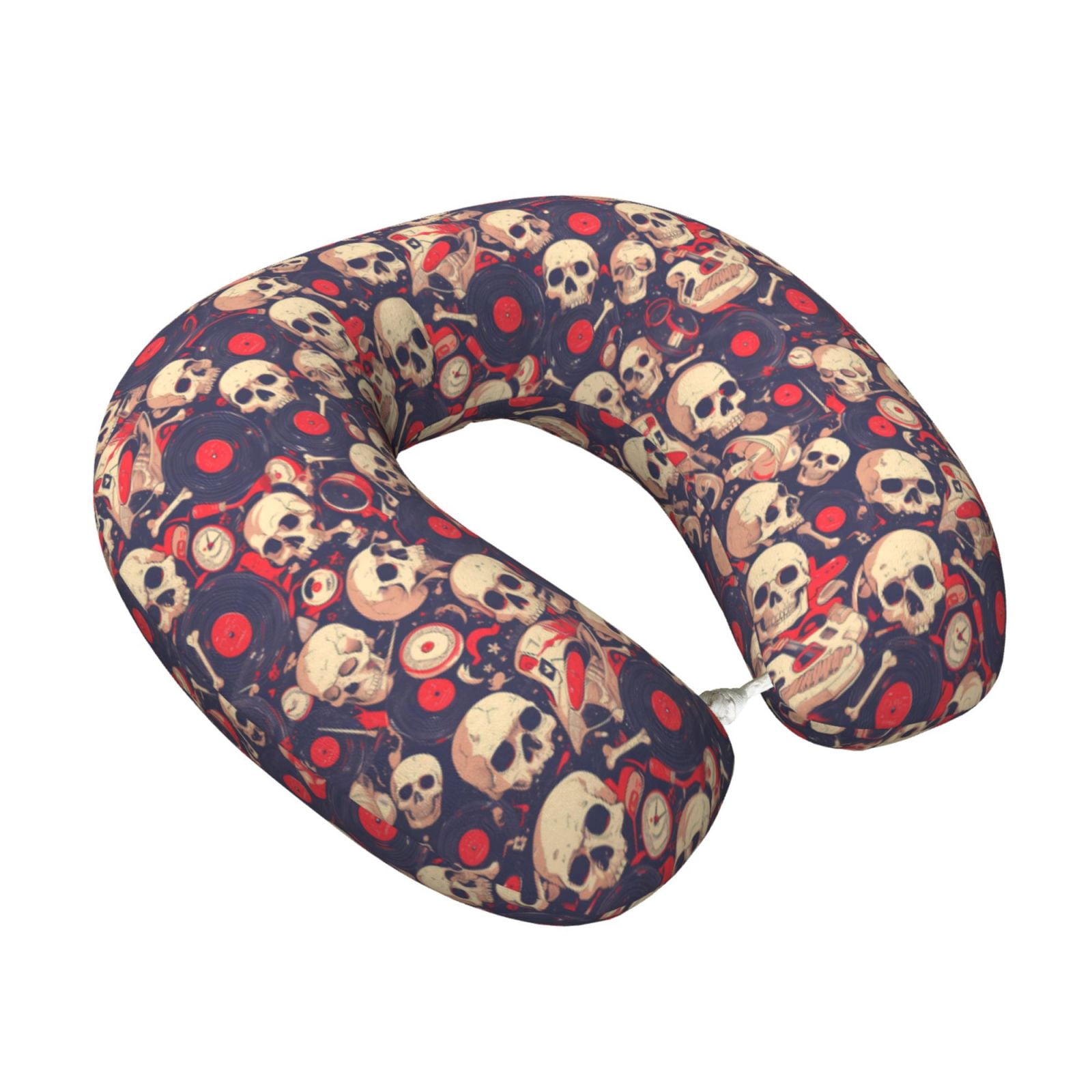 Xecao Skull rock music record Print Memory Foam Cervical Neck Pillow Versatile U-Shaped Pillows for Home,Office,Camping,Travelling,Soft Washable Cover