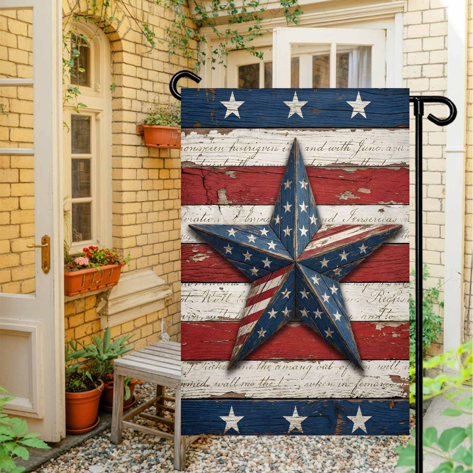 4th of July Garden Flags Patriotic Star Stripes Garden Flag Double Sided Welcome Flag Retro Wood Grain Independence Day Yard Flags for Outdoor Lawn Porch Memorial Day Holiday Decor 28x40 Inch
