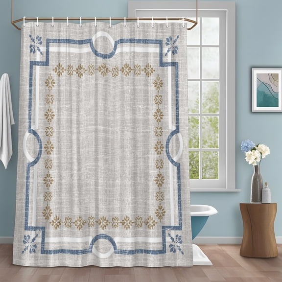 Ivory White Farmhouse Shower Curtain Set with Hooks, Linen Texture Geometric Lines Floral Water Repellent Sturdy Shower Curtains for Bathroom Decoration, Machine Washable 36x78 Inch