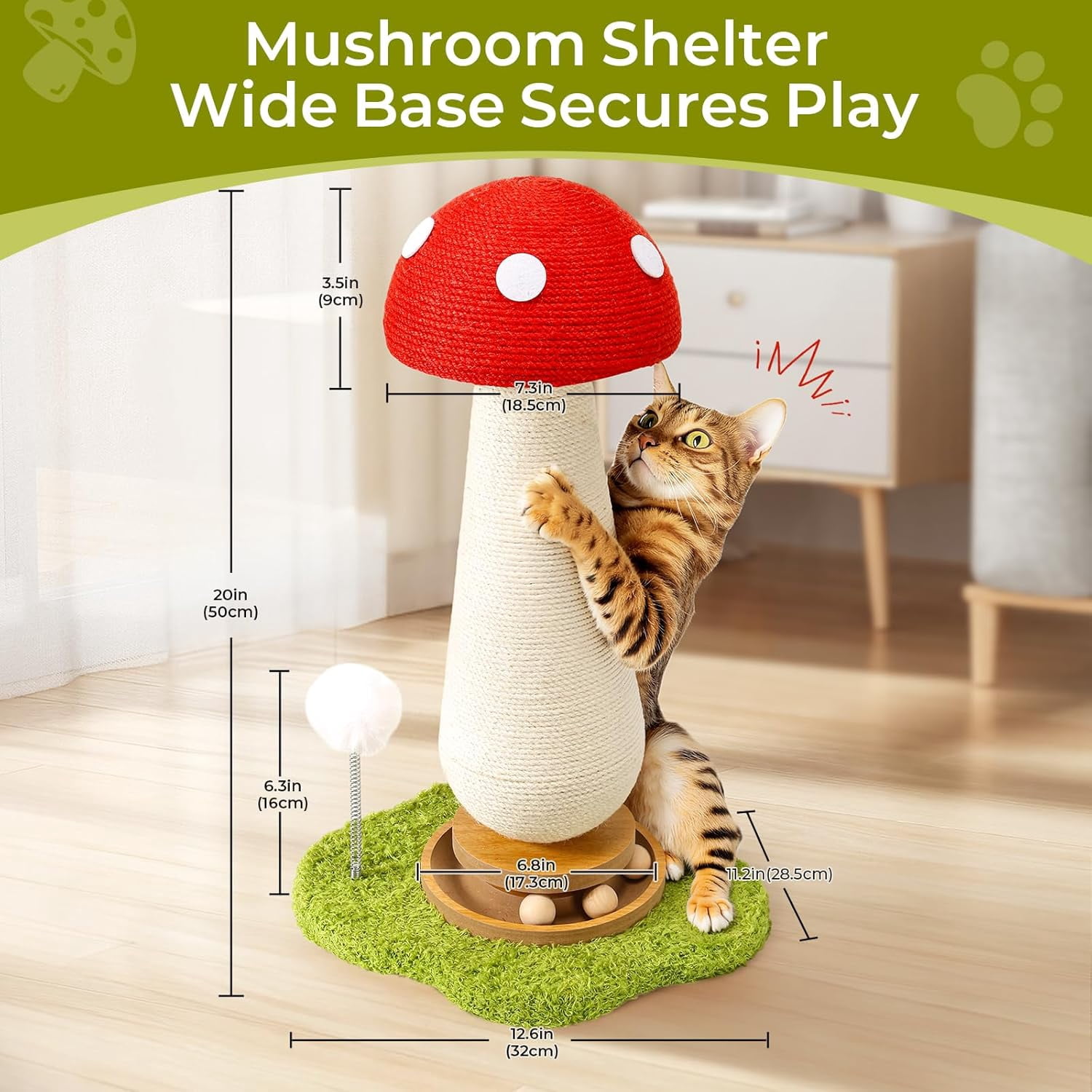 YESGIRL 20" Mushroom Cat Scratching Post with Ball Track & Spring Toys, 2-in-1 Sisal Scratcher & Play Station for Indoor Cats, Stable Base