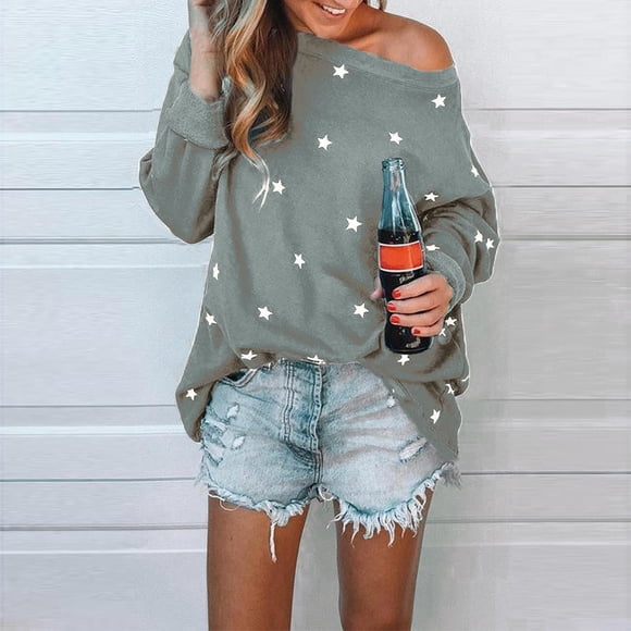 Women's Street Fashion Star Print Round Neck Long-Sleeved Casual Loose Blouse