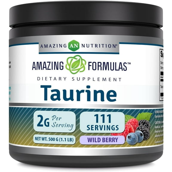 Amazing Formulas Taurine 500 Grams (1.1 Lb) Powder Wild Berry Flavor Supplement | 2000 mg Per Serving | 111 Servings | Non-GMO | Gluten Free