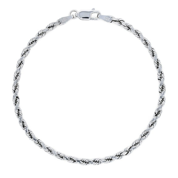 Nuragold 10k White Gold 3mm Rope Chain Diamond Cut Bracelet or Anklet (7"-9") Italian Jewelry for Men & Women